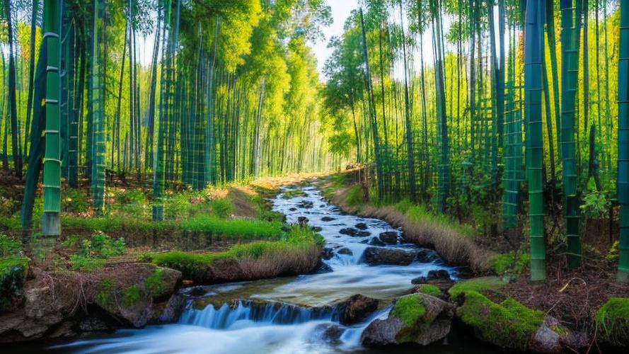 竹林溪流与花卉 大自然的宁静与和谐